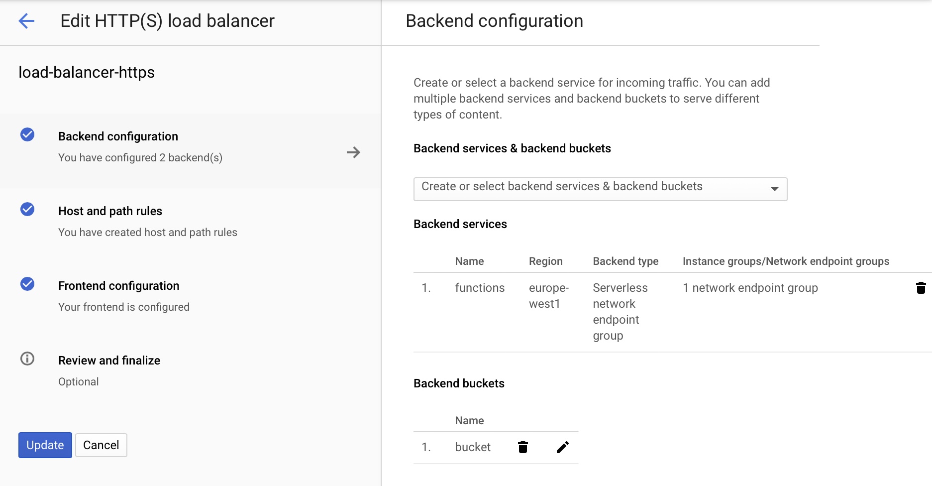 Google Cloud console showing load balancer wizard on the backend section. There is one functions backend and one bucket backend.