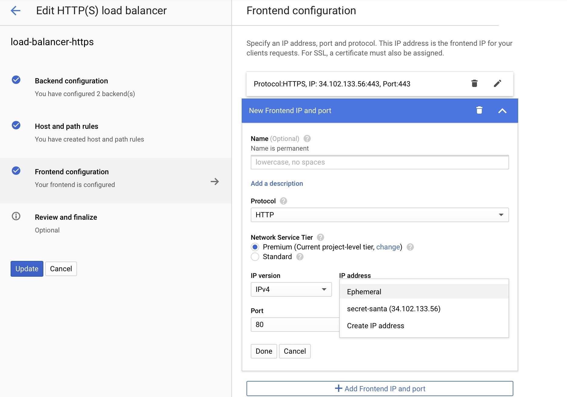 Google Cloud console showing load balancer wizard on the frontend section. It is important to select the name IP address we reserved in step 4.