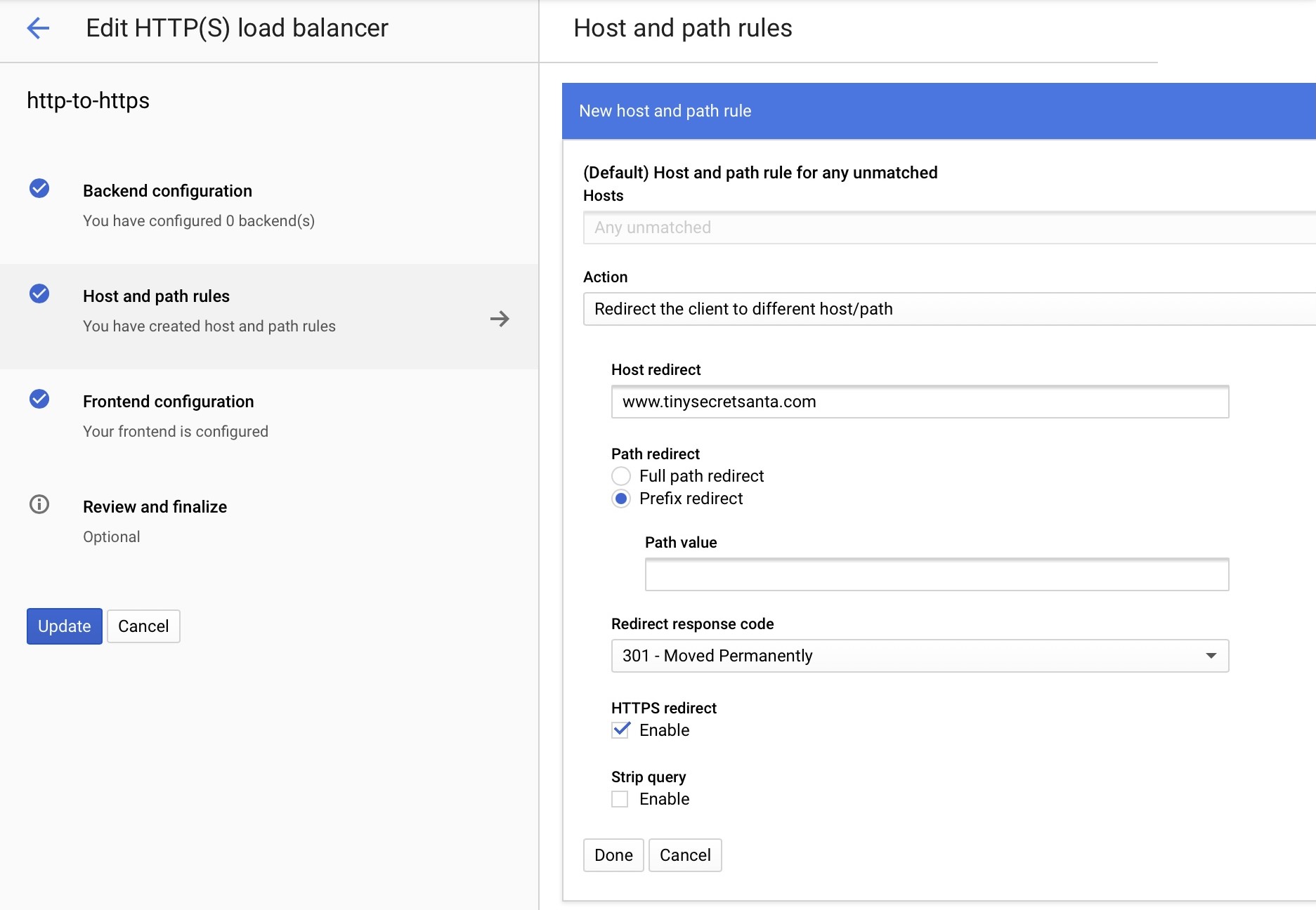 Google Cloud console showing load balancer wizard on the rules section. There is a default reditrect rules with https redirect enabled.