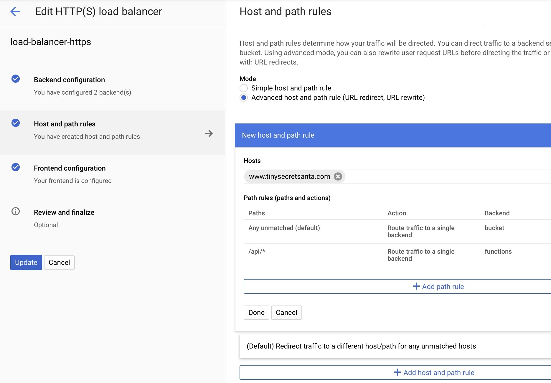 Google Cloud console showing load balancer wizard on the rules section. There is a default rule to the bucket and a /api/* to the functions.