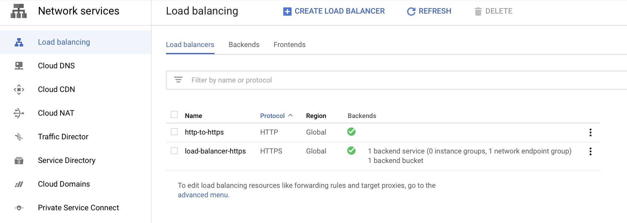 Google Cloud console showing load balancer menu. There are two loadbalancers, an http and an https one.