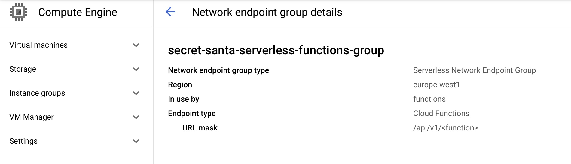 Google Cloud console showing the NEG details, the URL mask is /api/v1/<function>